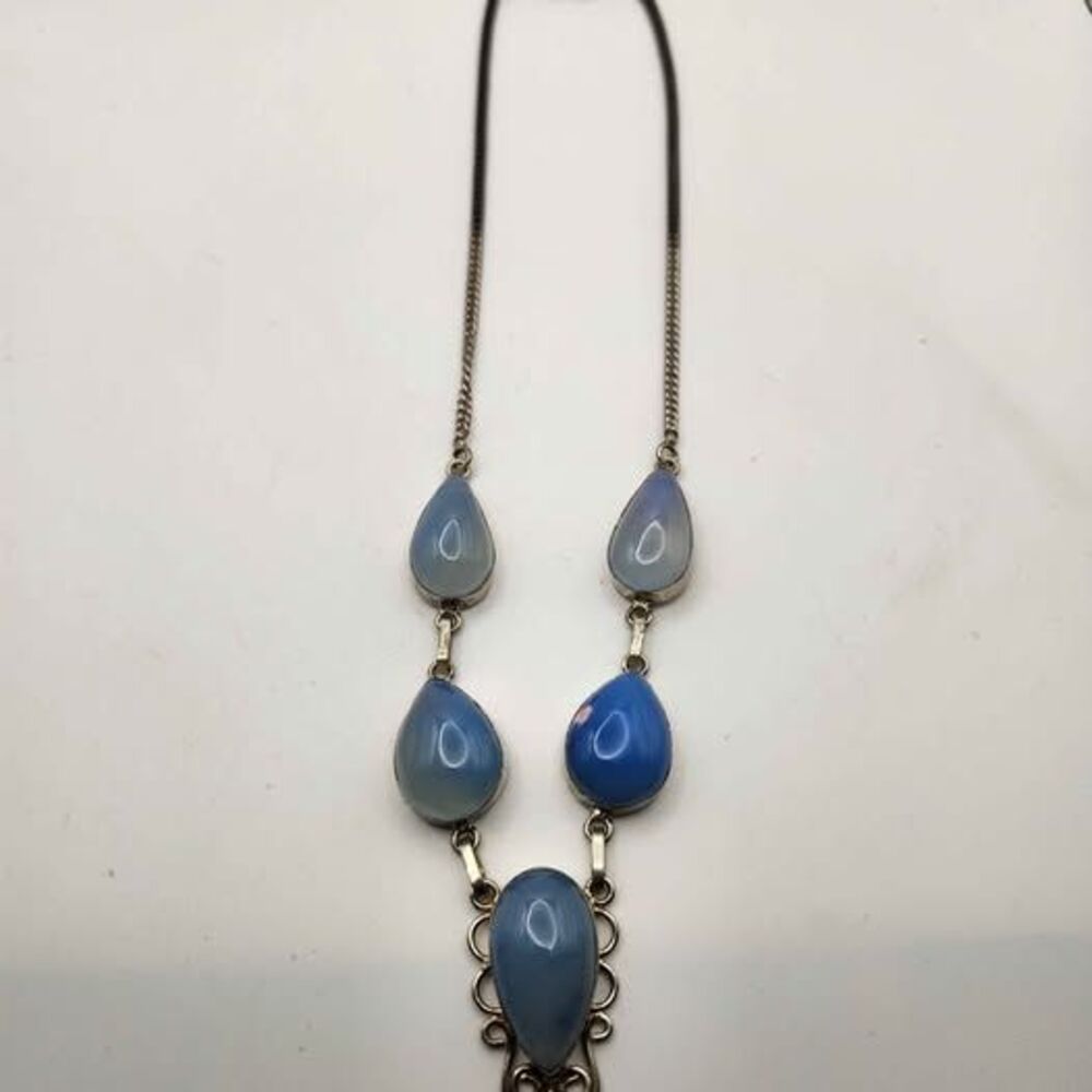 Blue Chalcedony Teardrop Cabochon Necklace Bezel Set Scrollwork Pendant Drop